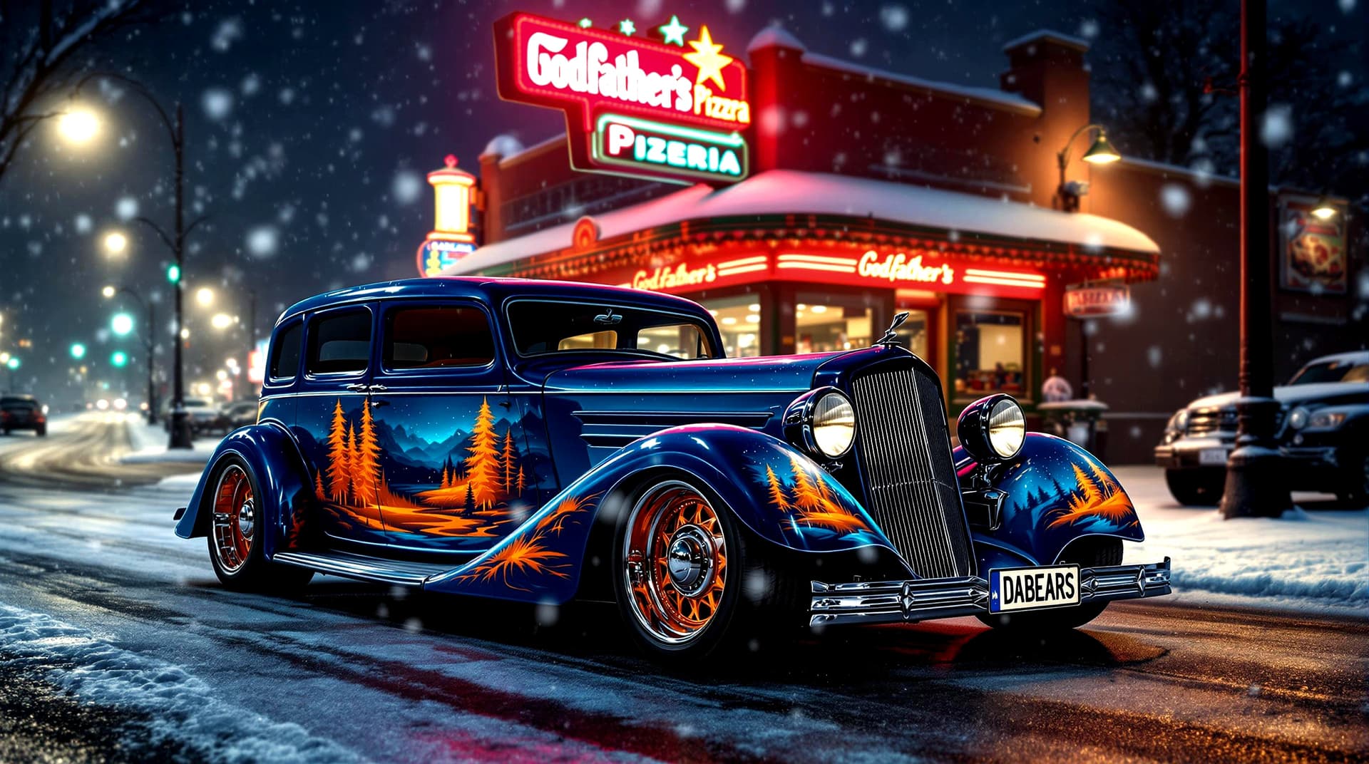 AI generated: A realistic, front, side photo of an exquisite 1933 Cadillac V16 four door sedan with a shiny, metal...