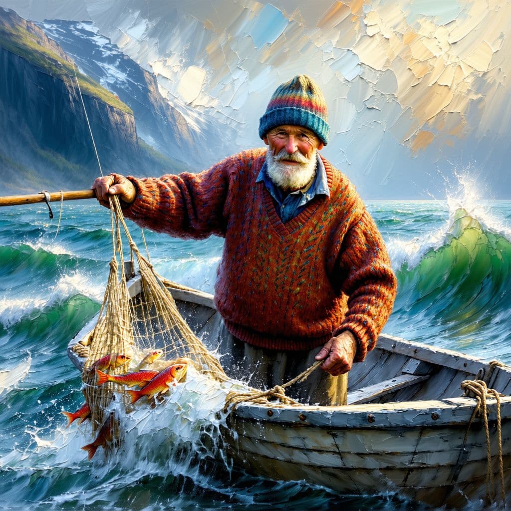 AI generated: An impressionistic impasto oil painting, energetic palette knife and brush strokes of an elderly fis...