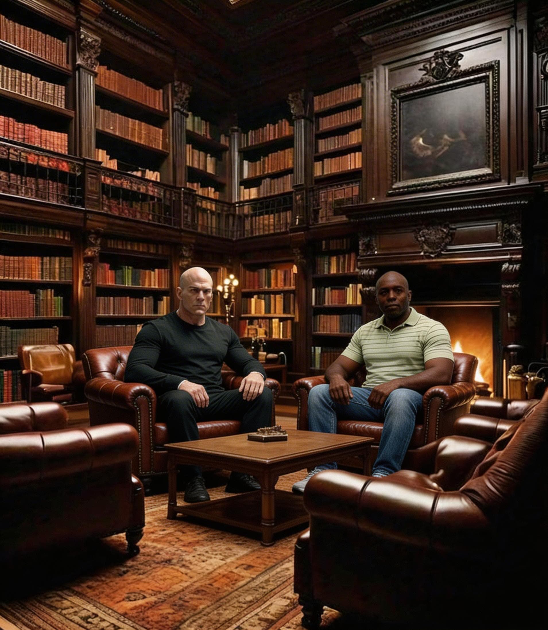 AI generated: Seat the two characters in reference image two in the library of reference image 1.