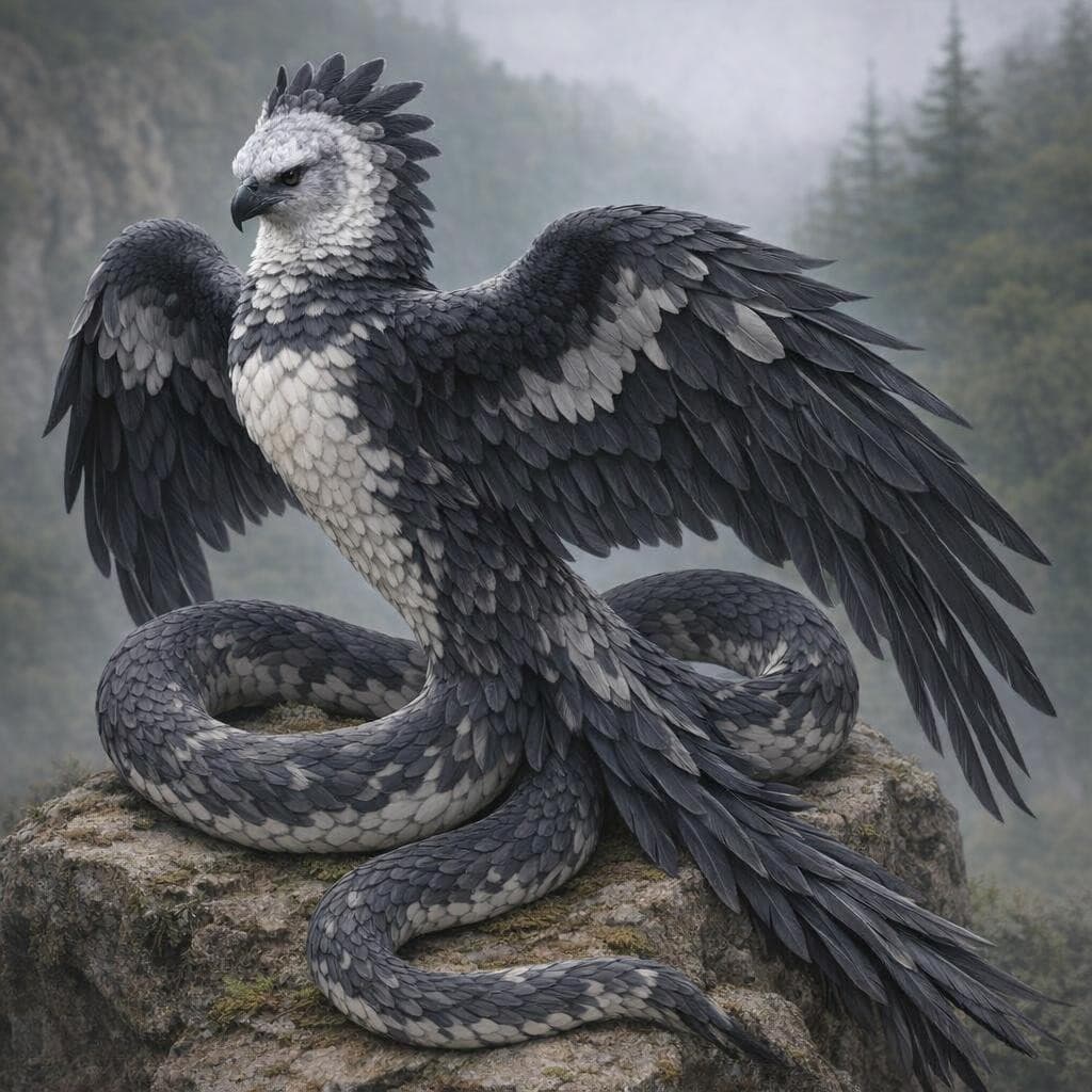 AI generated: create a new creature that is a mix of a Harpy Eagle and a Snake with the Head of the Harpy Eagle an...