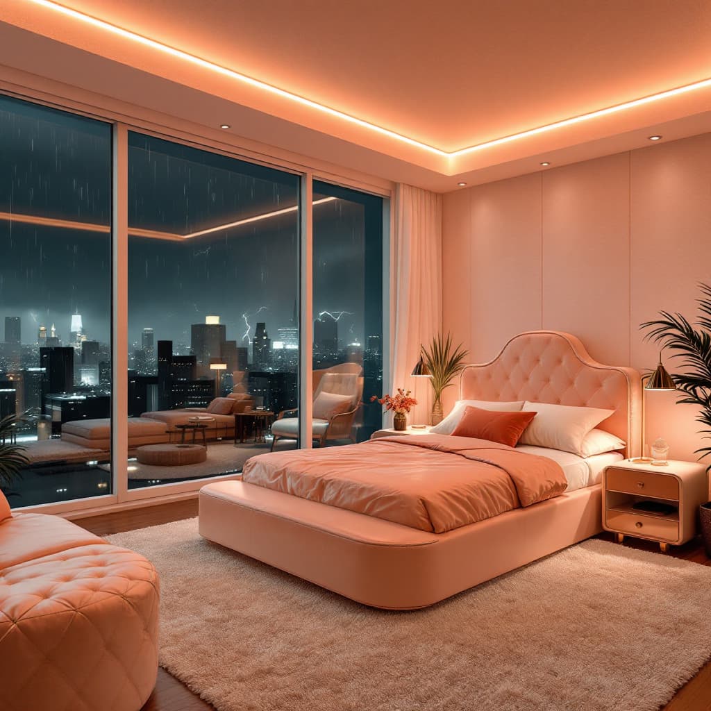 AI generated: “A retro 80s-style bedroom with soft white and light peach or coral tones. The bed and furniture are...