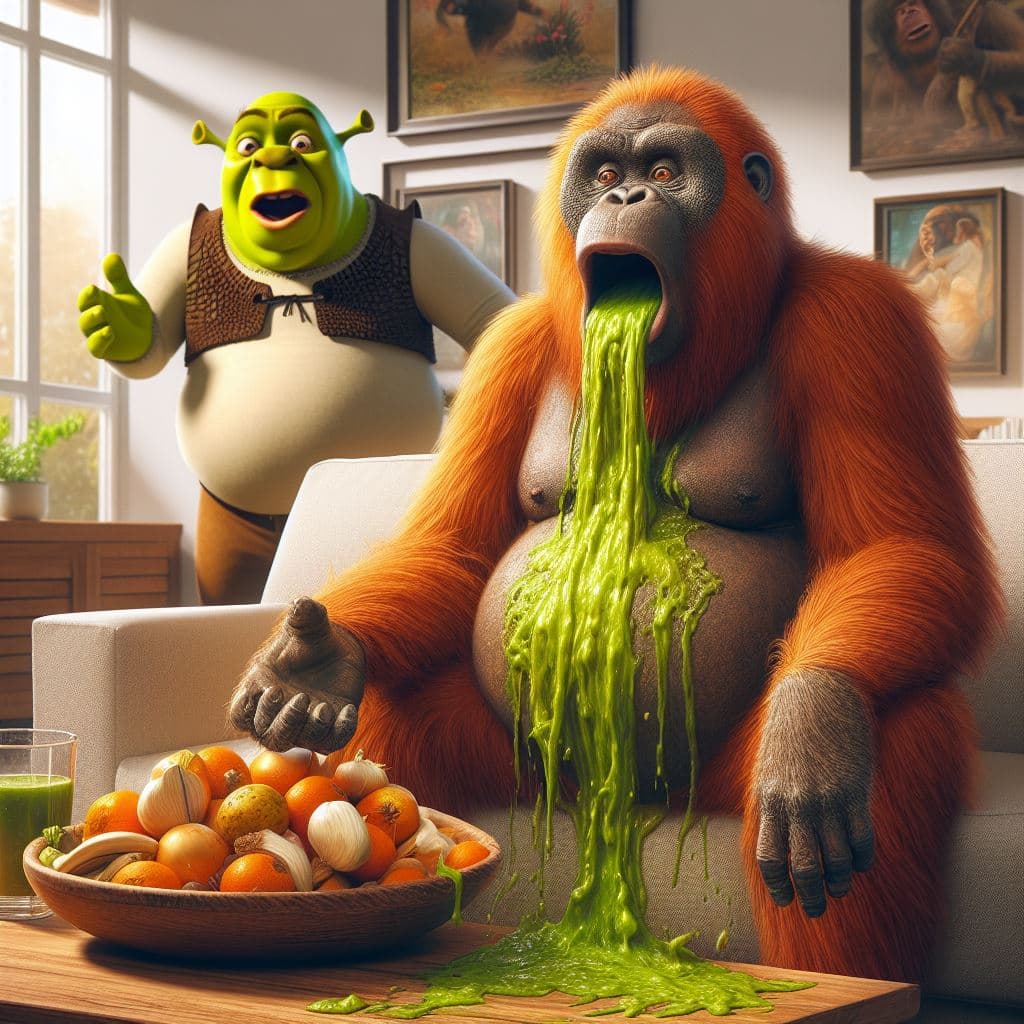 AI generated: Orangutan spewing grease out of his mouth in the living room and Shrek picking it up with his mouth,...
