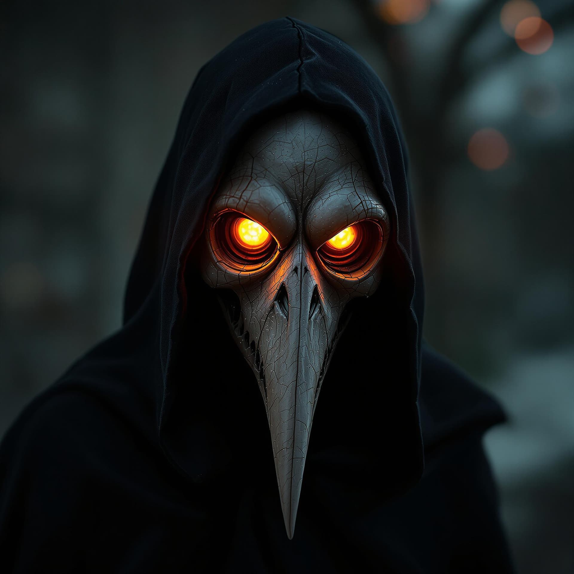 AI generated: surrealistic creature wearing a plague doctor mask with glowing eyes, wearing black cloak, Bokeh eff...