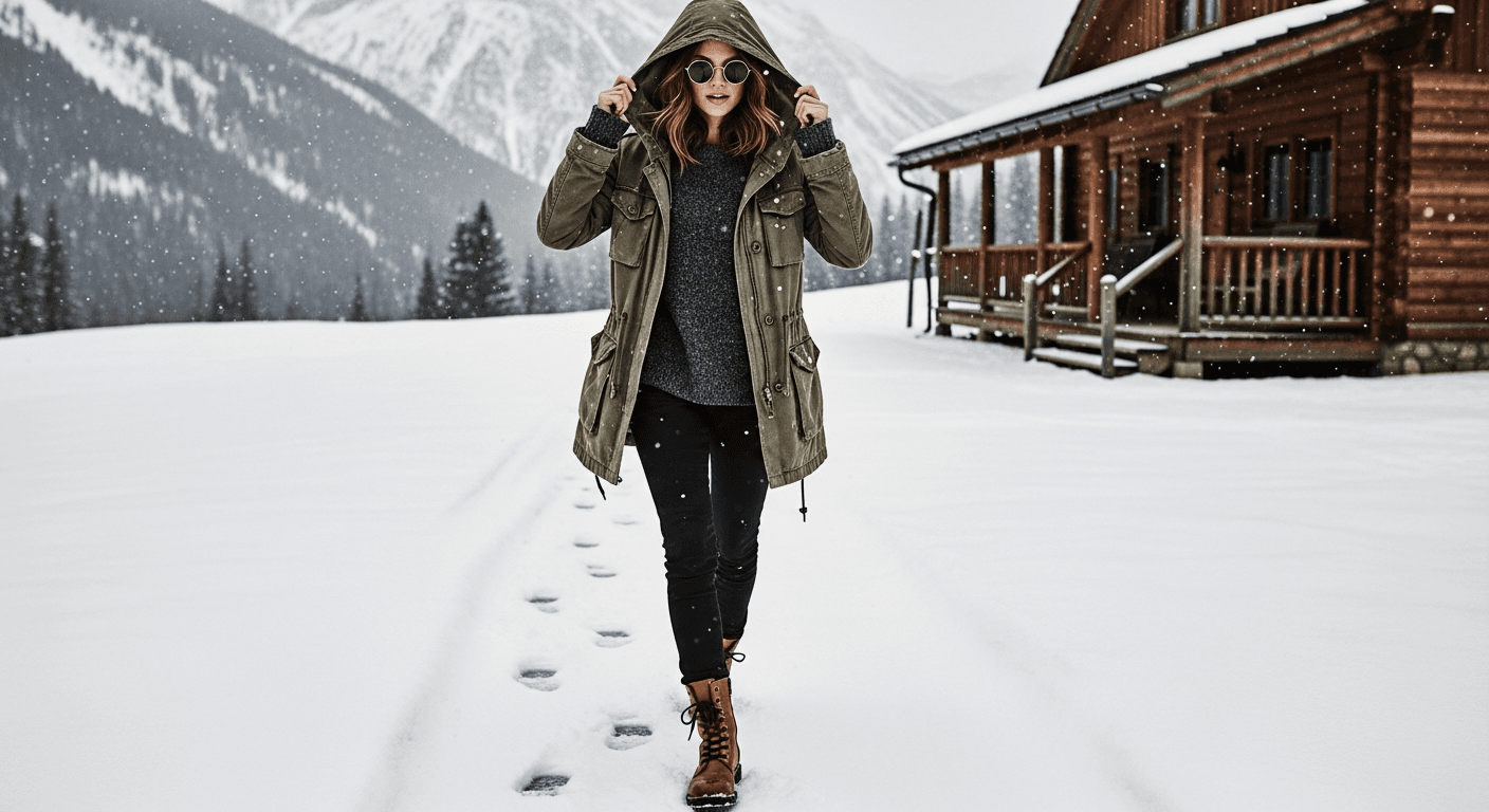 AI generated: A high-fashion, cinematic full-body shot of a woman walking on a fresh snowy mountain path with visi...