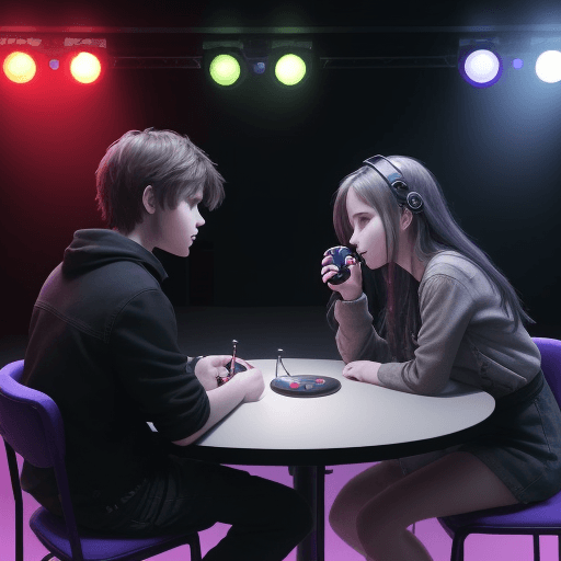 AI generated: A girl and a guy are sitting at a table with a red button on the table,they are in the video studio,...