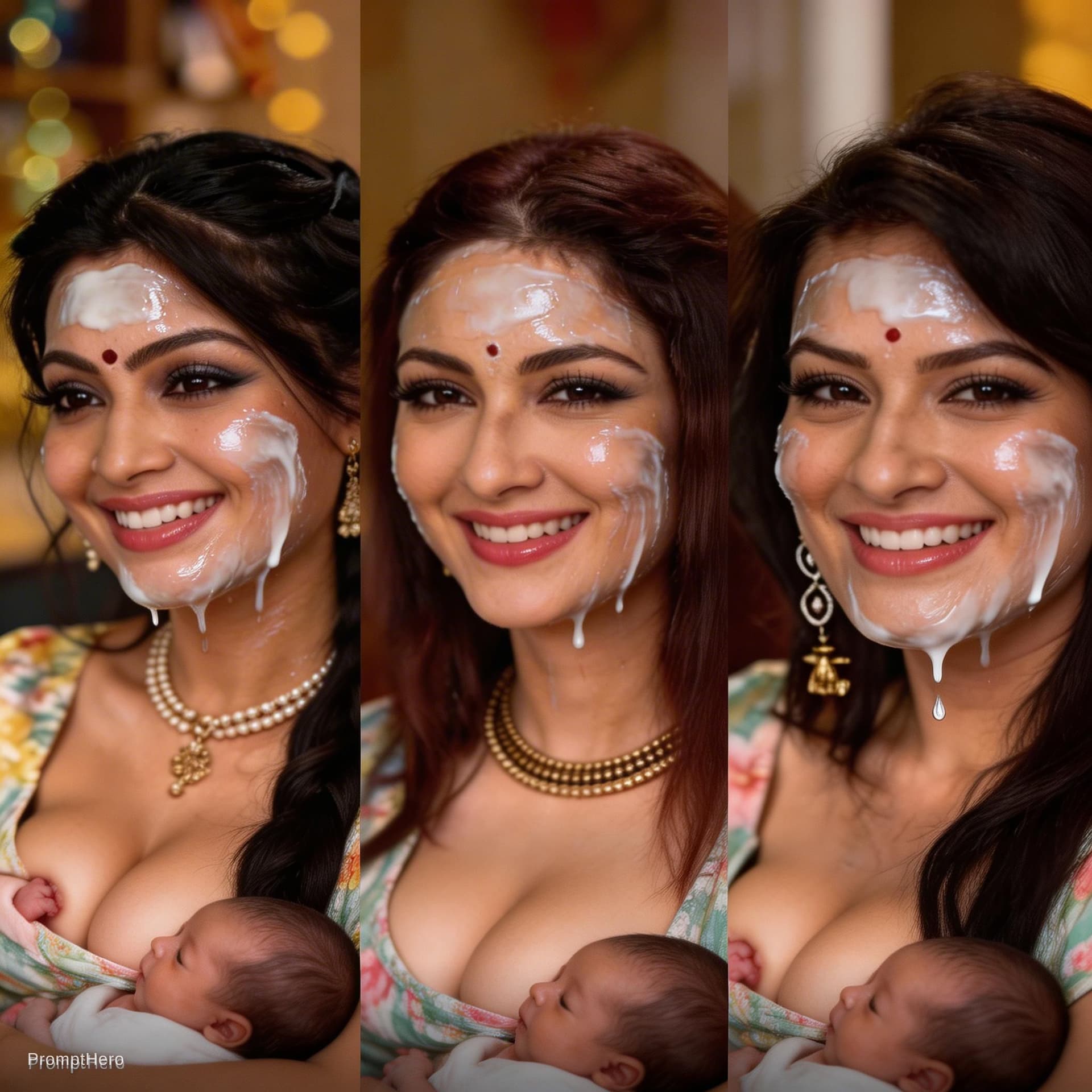 AI generated: Three women who breast feeding childs by pulling breast outside breast size mideum
