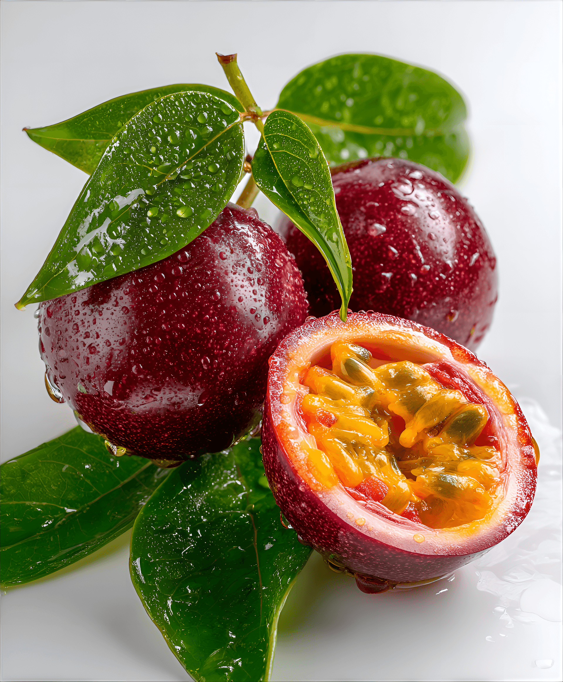 AI generated: Two whole passion fruit and a half passion fruit, with vibrant, fresh green leaves, are displayed on...