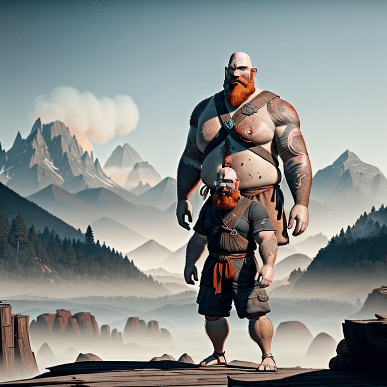 AI generated:  A lonely Giant with a bald head slightly sunburned with a large red beard with scars wearing a  and...