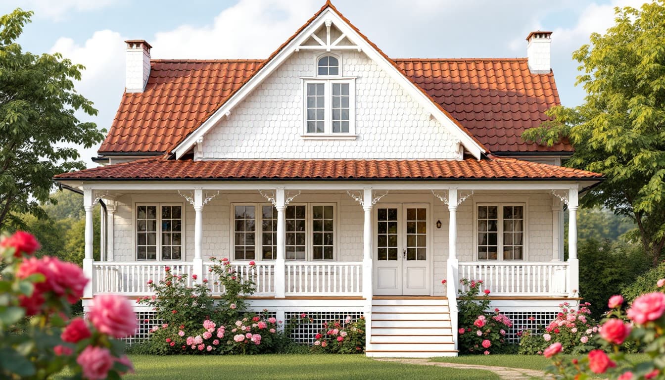 AI generated: 3floor house made of wood with open veranda in front of the building. it has a bid old windows with ...