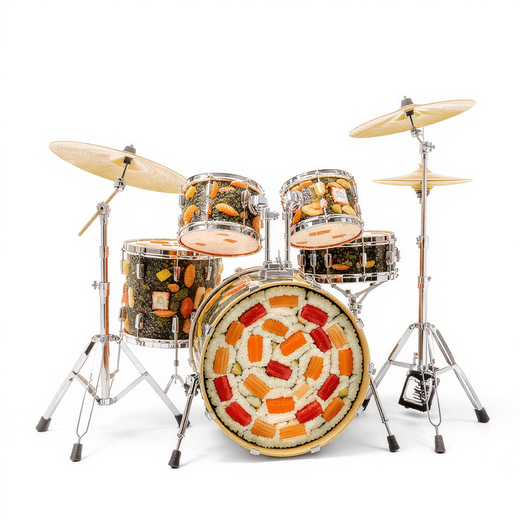 AI generated: drum set made of sushi with chopsticks instead of drumsticks