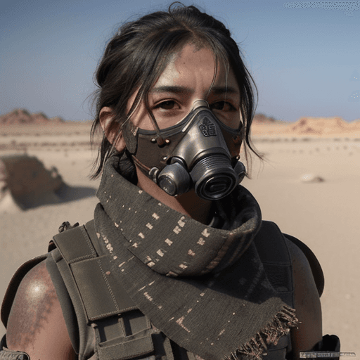 AI generated: Create a striking post-apocalyptic character portrait set in a desert landscape. The character shoul...