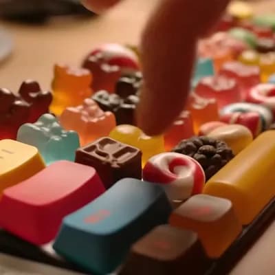 AI generated video: A keyboard whose keys are made of different types of candy. Typing makes sweet, crunchy sounds. Audi...