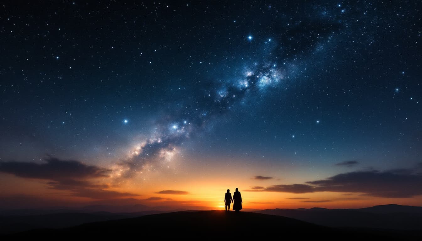 AI generated: Ultra-realistic. Wide shot of the sky turning to night, stars gradually appearing. [Characters’ silh...