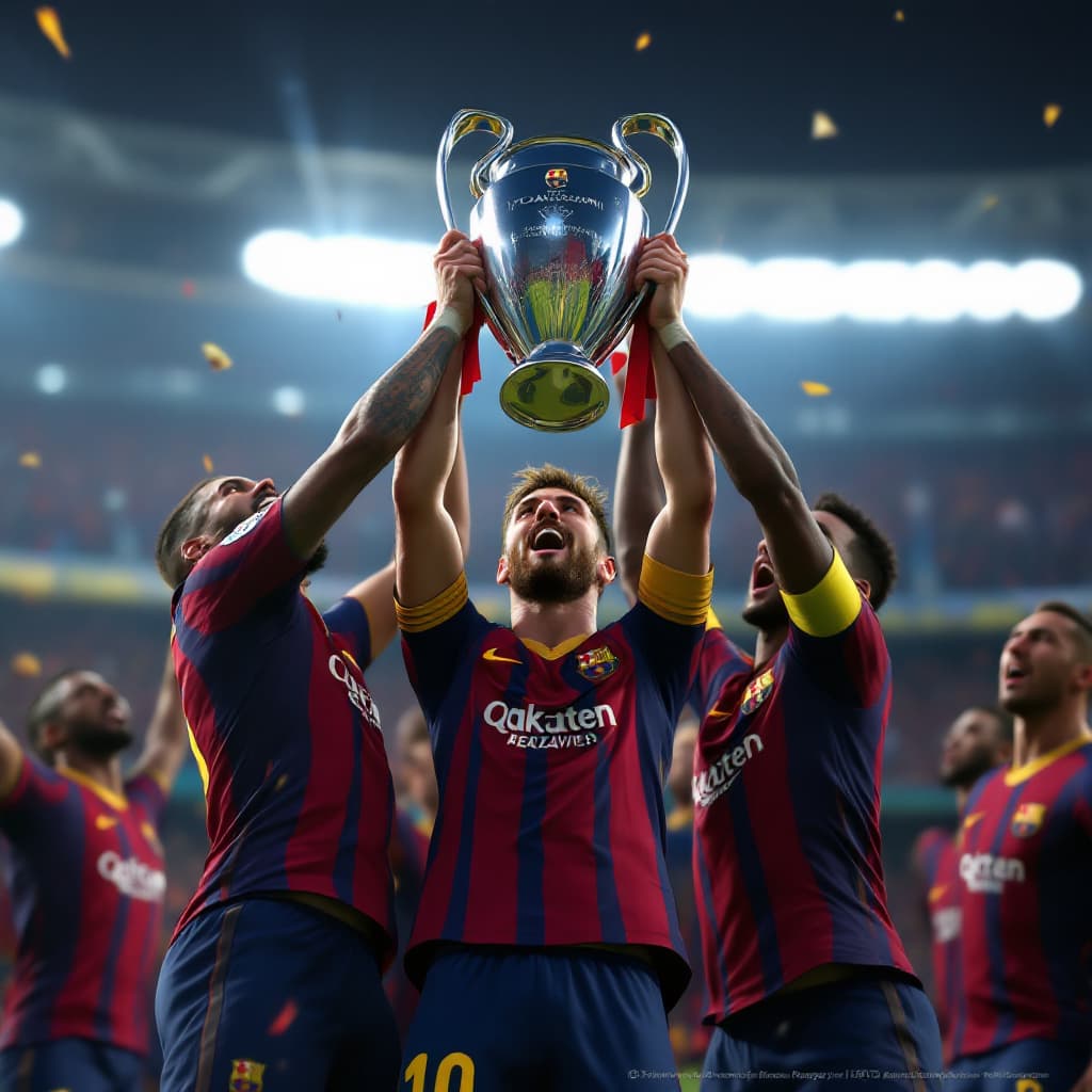 AI generated: "Render 3D del FC Barcelona celebrando la Champions League en estilo videojuego (FIFA/eFootball). Ju...