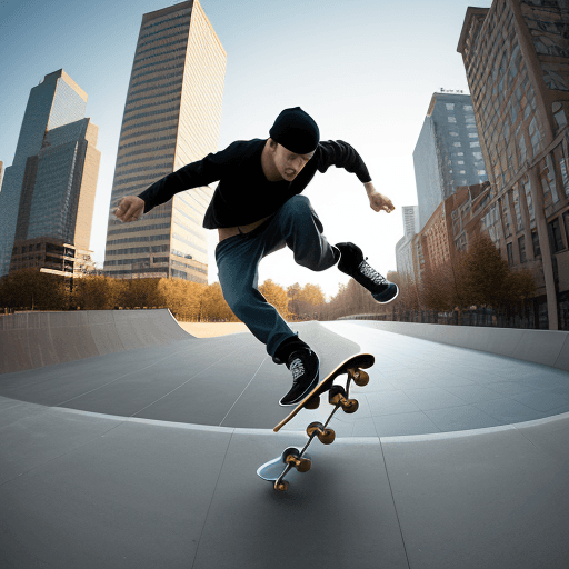 AI generated: photography, dynamic range, in the city, ollie motion with professional man skateboarder, combat boo...