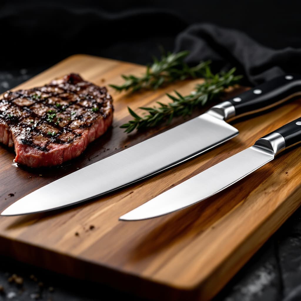 AI generated: Darker photography of couple different sizes of clean steak knives on big wooden board next to nicel...