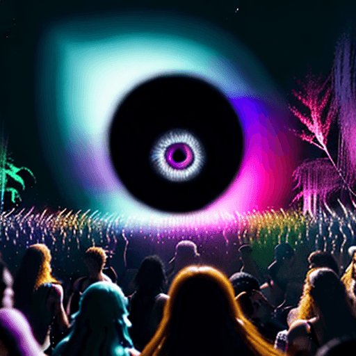 AI generated: Hyper realistic eye level exterior photo of a person dacing on a psytrance party, night, psychedlic,...