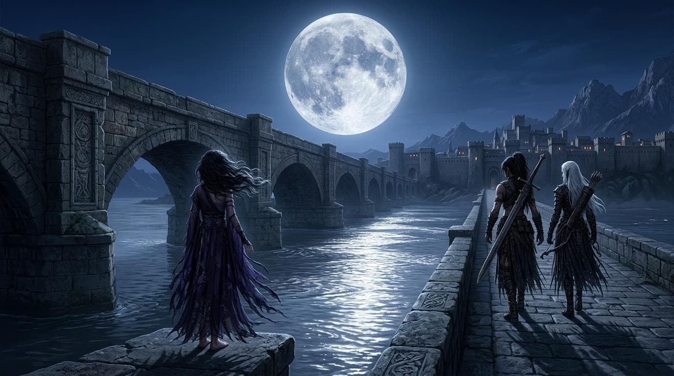 AI generated: Cinematic fantasy album cover, 16:9 widescreen.

Moonlit night.

An ancient stone bridge crossing a ...