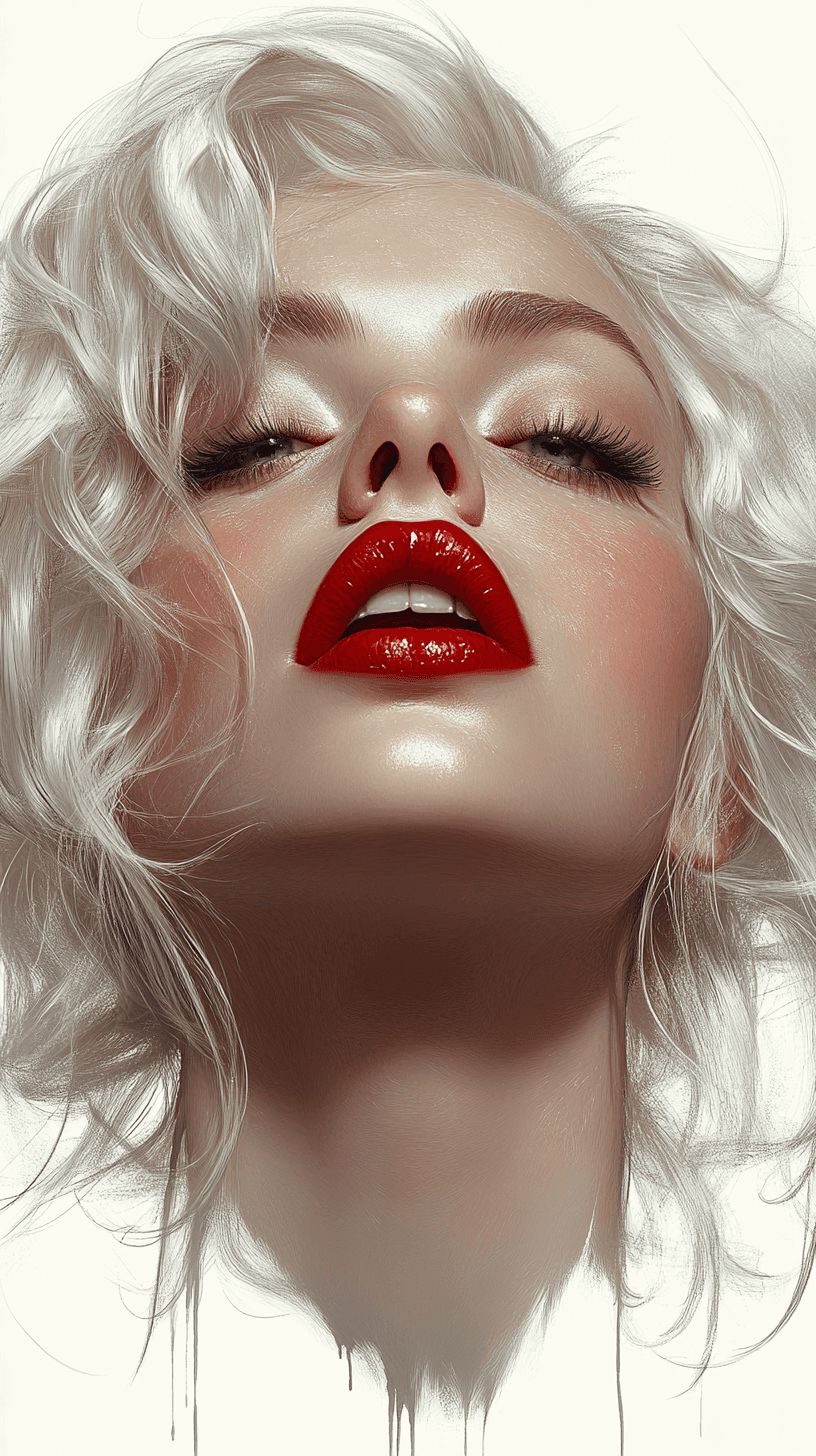 AI generated: white background, beautiful portrait of Marilyn Monroe in white and silver colors, with red lipstick...
