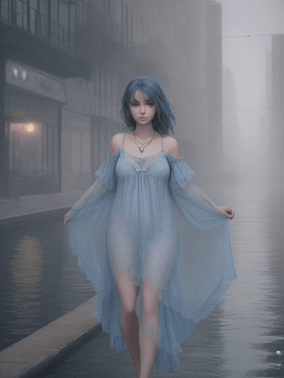 AI generated: full body of a girl with necklace ,wearing lace-trimmed nightgown colored misty blue, downtown backg...