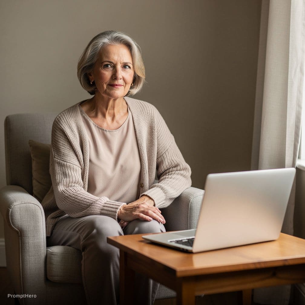 AI generated: A woman in her 60s is sitting in a chair with a table, and a laptop is on the table looking to carmr...