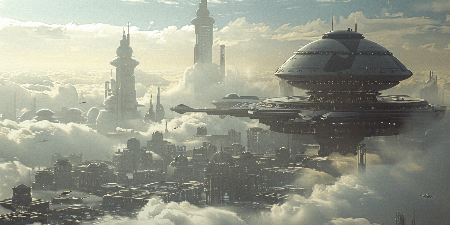 AI generated: A futuristic space station floating above the clouds in the style of Star Wars, a city of high sensi...