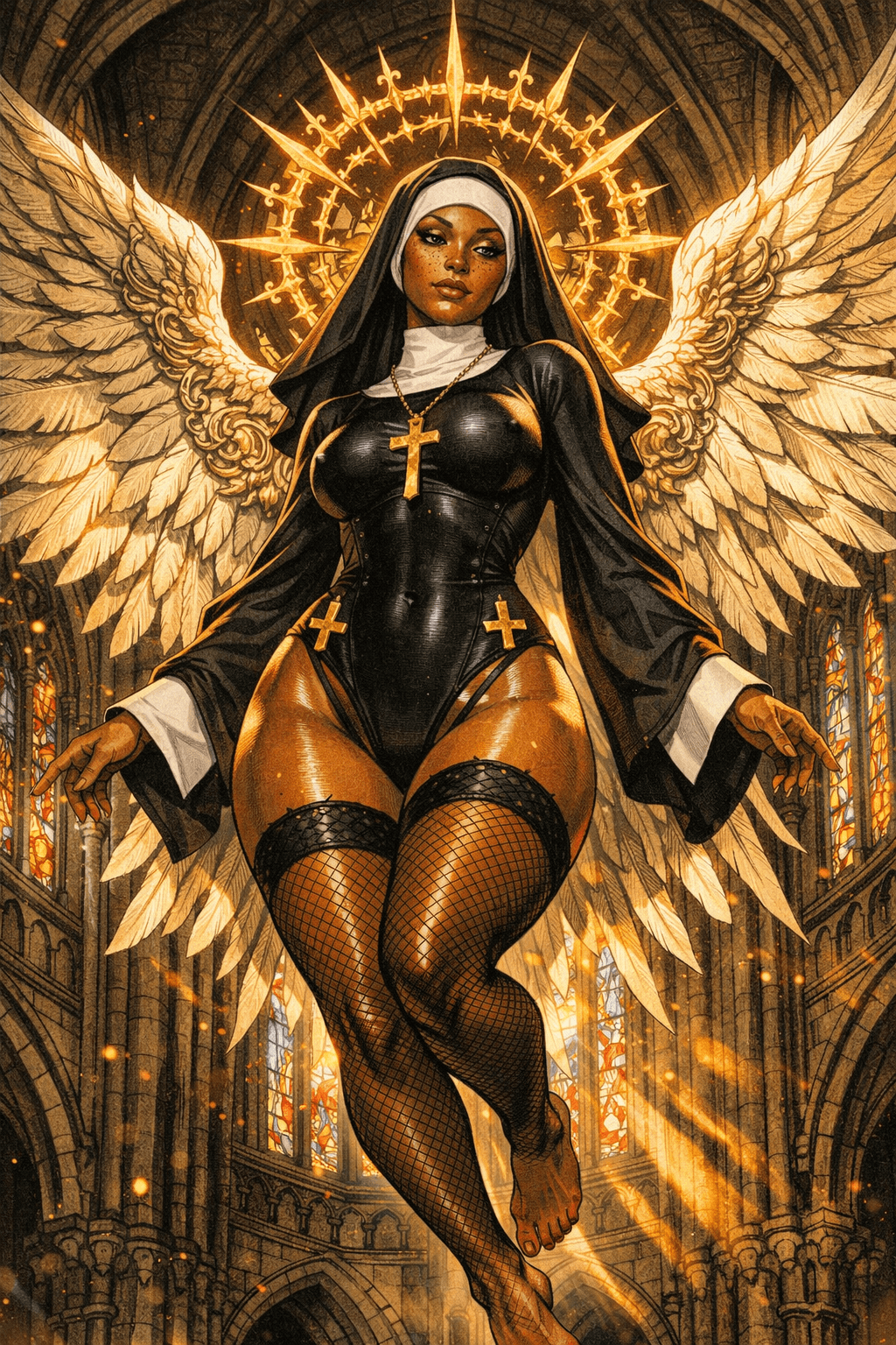 AI generated: A majestic seraph floating in the nave of a towering gothic cathedral, breathtaking stained-glass wi...