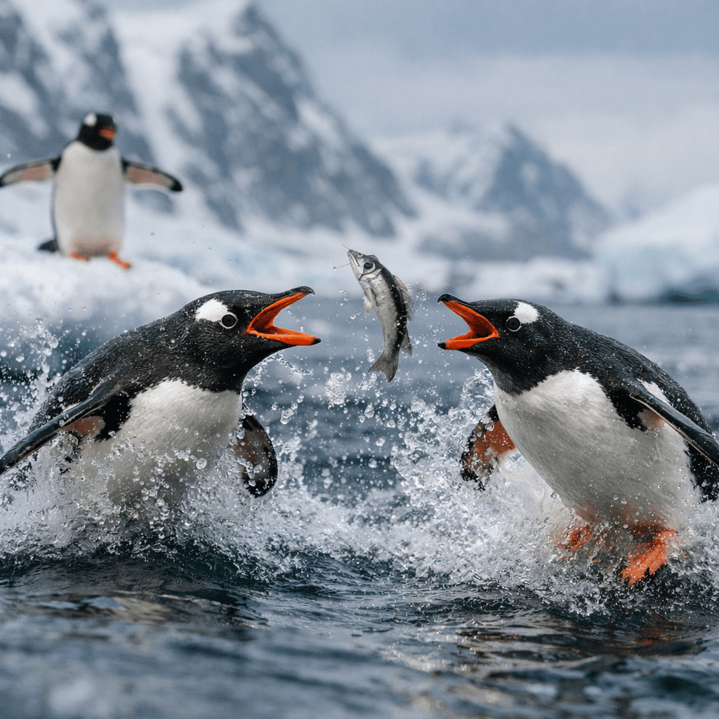 AI generated: penguins, wildlife action photography --v 7