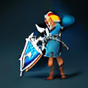 AI generated: link from the game Zelda, in a blue tunic, brown pants, with a high sword, a bow, a shield,