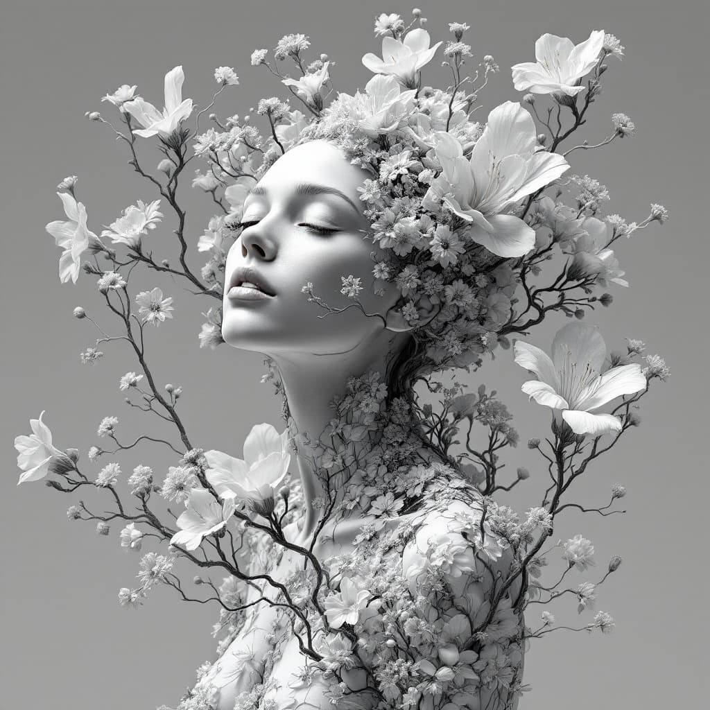 AI generated: 3d woman in flowers with human and flower shaped branches, in the style of medical imaging film., se...