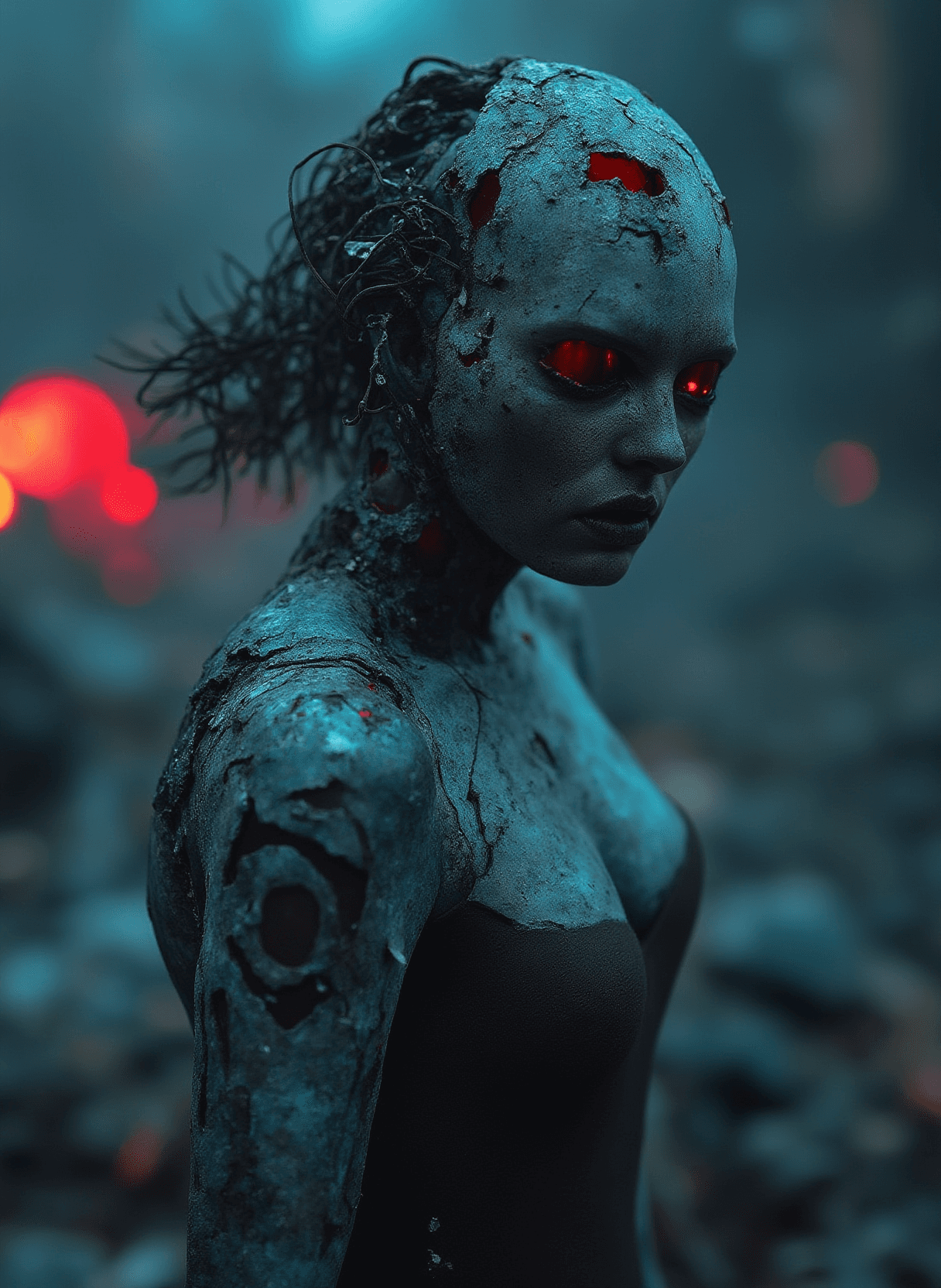 AI generated: Photo of Alicia Vikander, she is a broken ruined cyborg girl in a landfill, robot, body is broken wi...