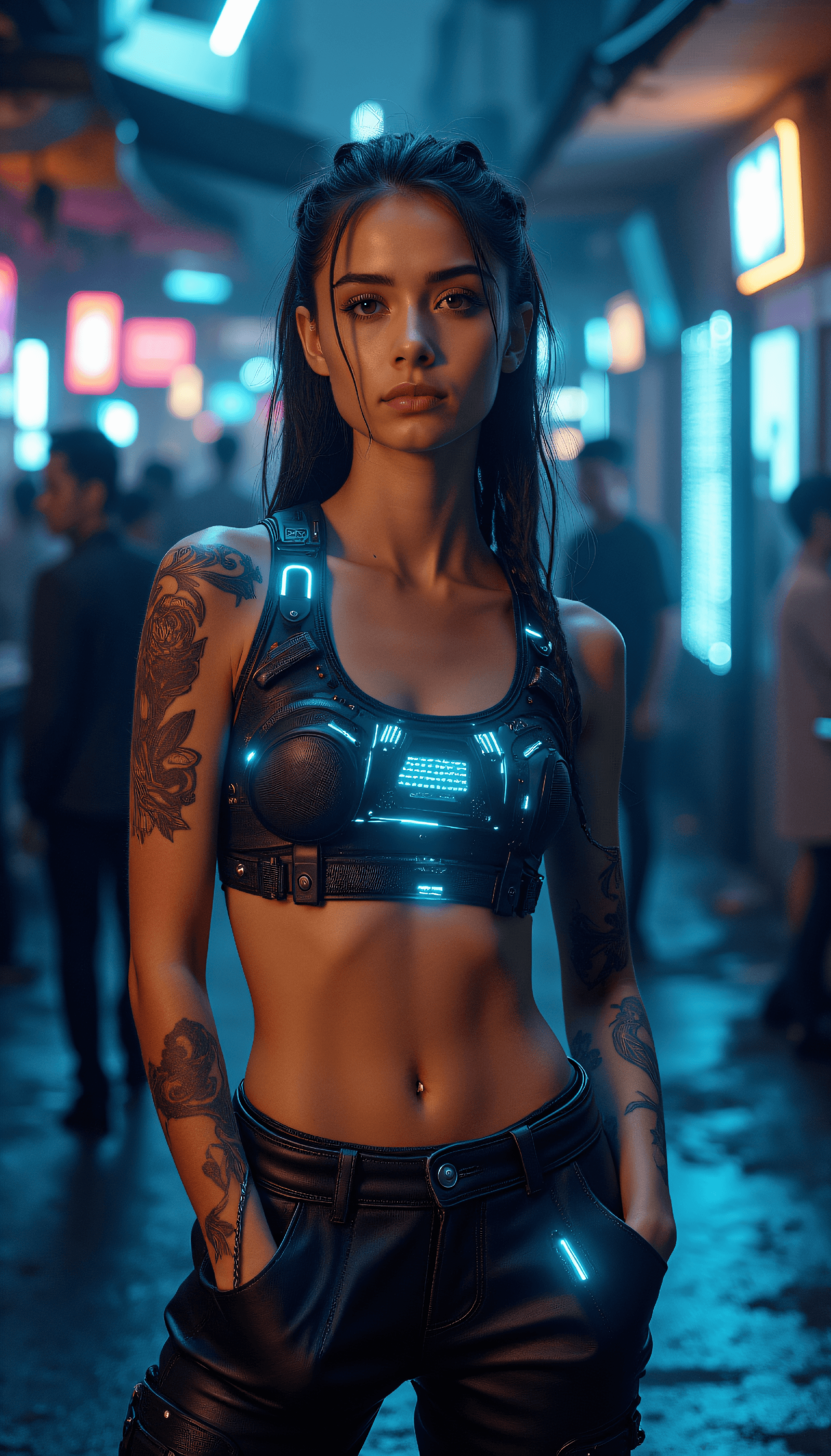 AI generated: Hires Cyberpunk photo of a 24-year-old Malagasy-Kazakh female carefree skater girl with a warm and i...