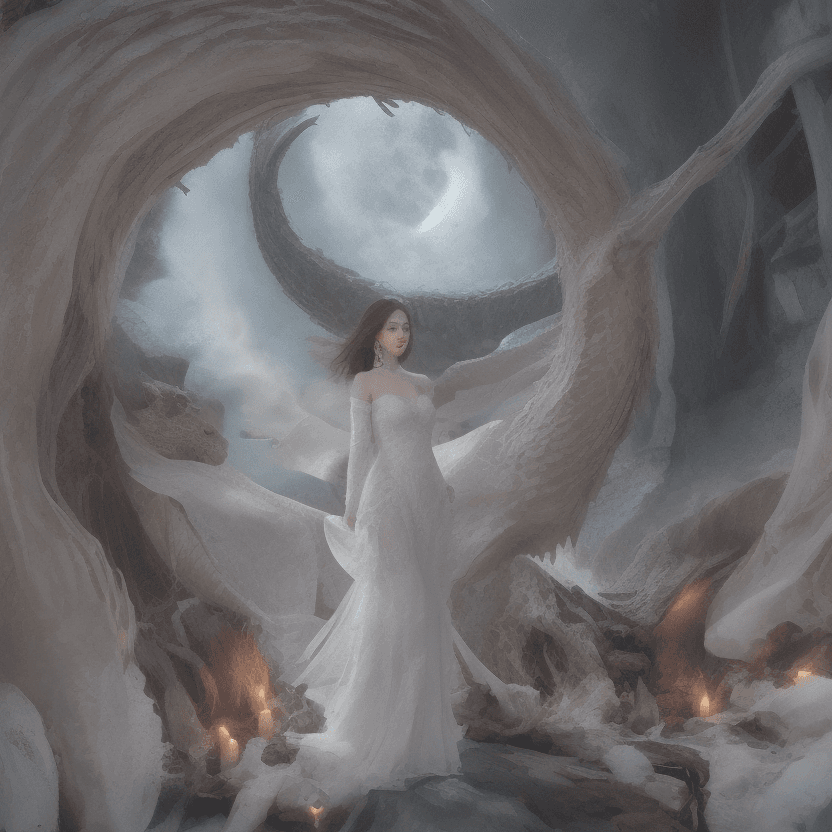 AI generated: The image depicts a woman in a white dress standing in front of a large dragon, with a full moon in ...