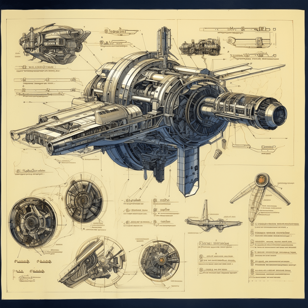 AI generated: sketches blueprint of futuristic sci fi, warp engine, warp bubble configurations, hyperdrive engines...