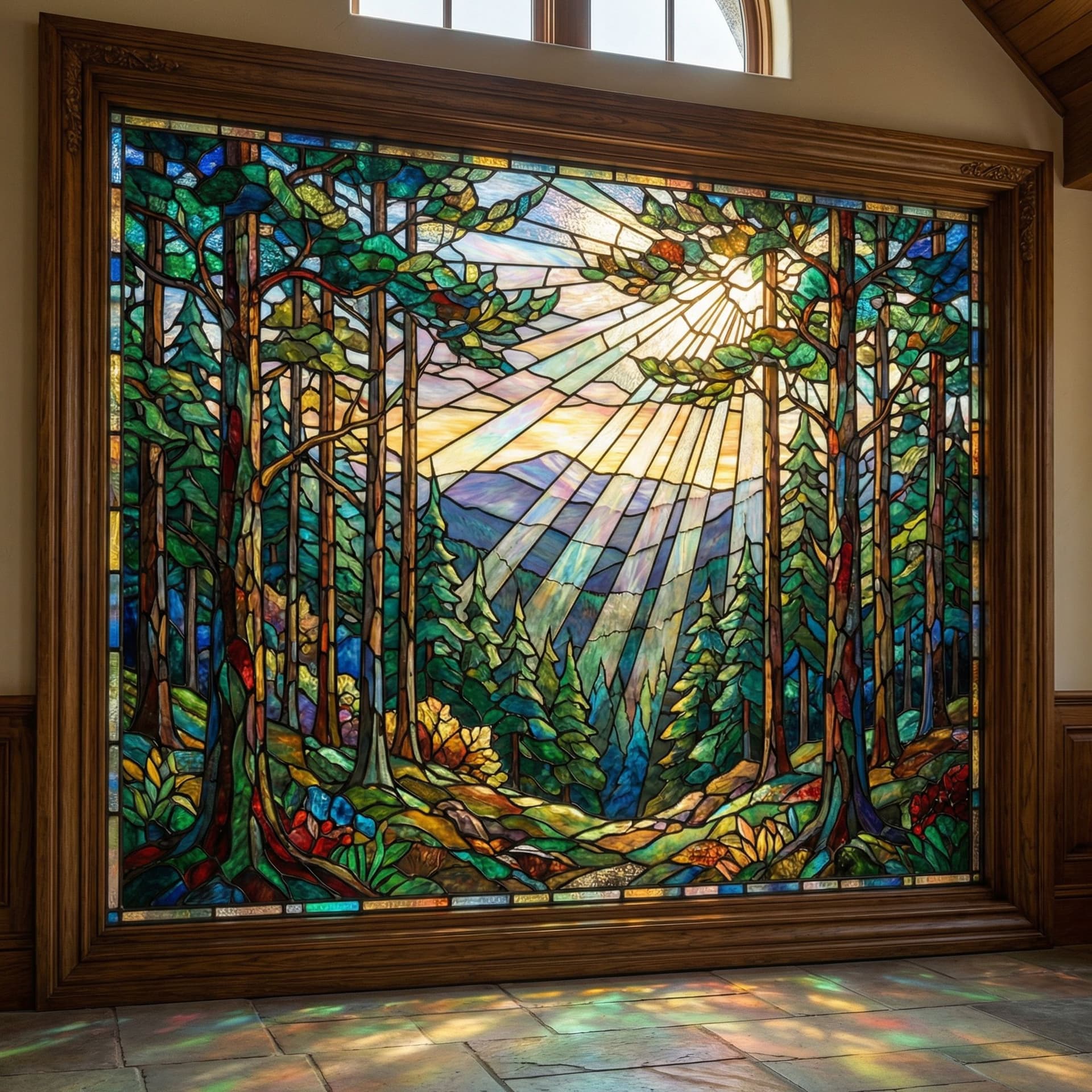 AI generated: an intricate stained glass art piece of a beautiful pine forest ,Rays of sunlight shine through the ...