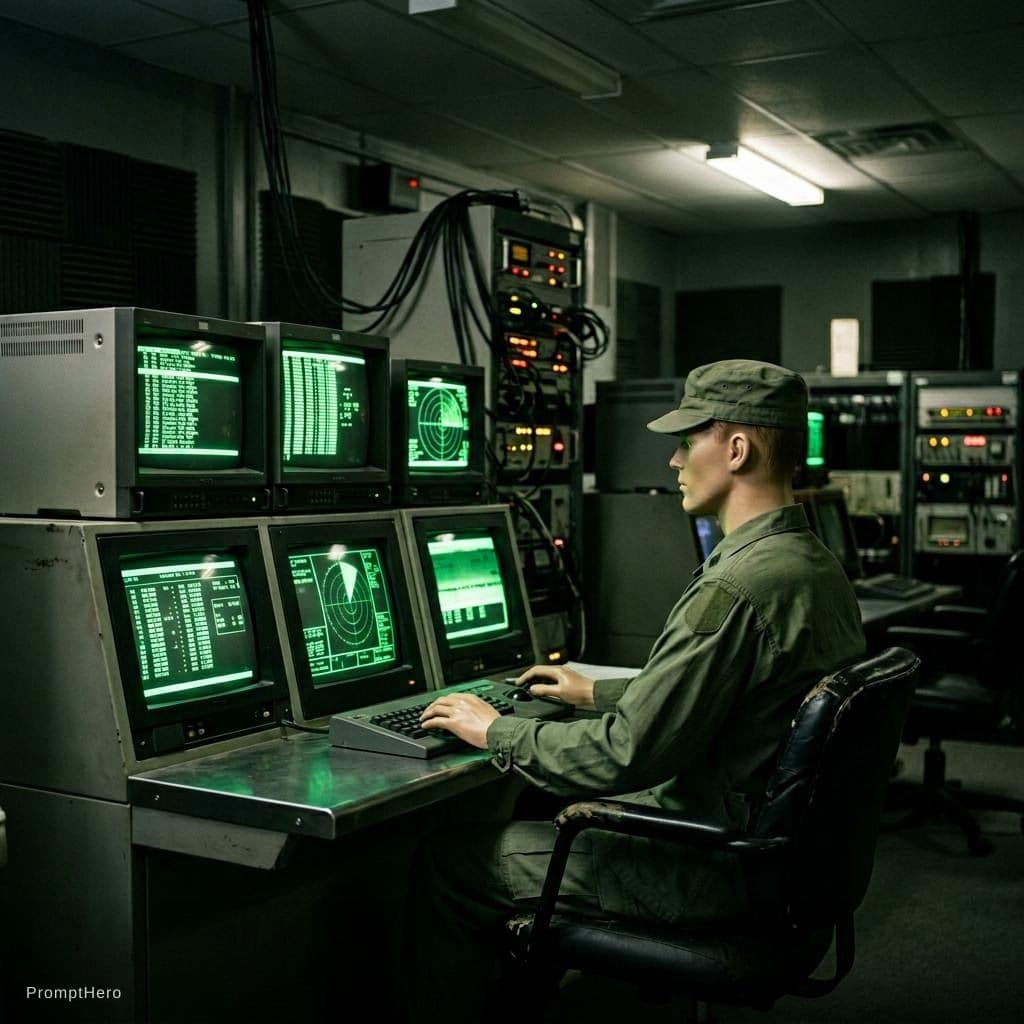 AI generated: Interior of a military control room, mannequin male figure in modest uniform sitting at a desk, mult...