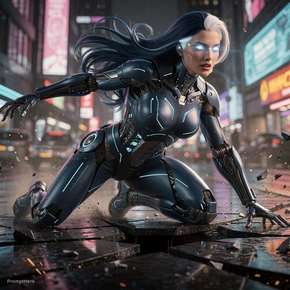 AI generated: photorealistic cinematic full-body action shot of a sexy adult female cyborg performing a powerful h...