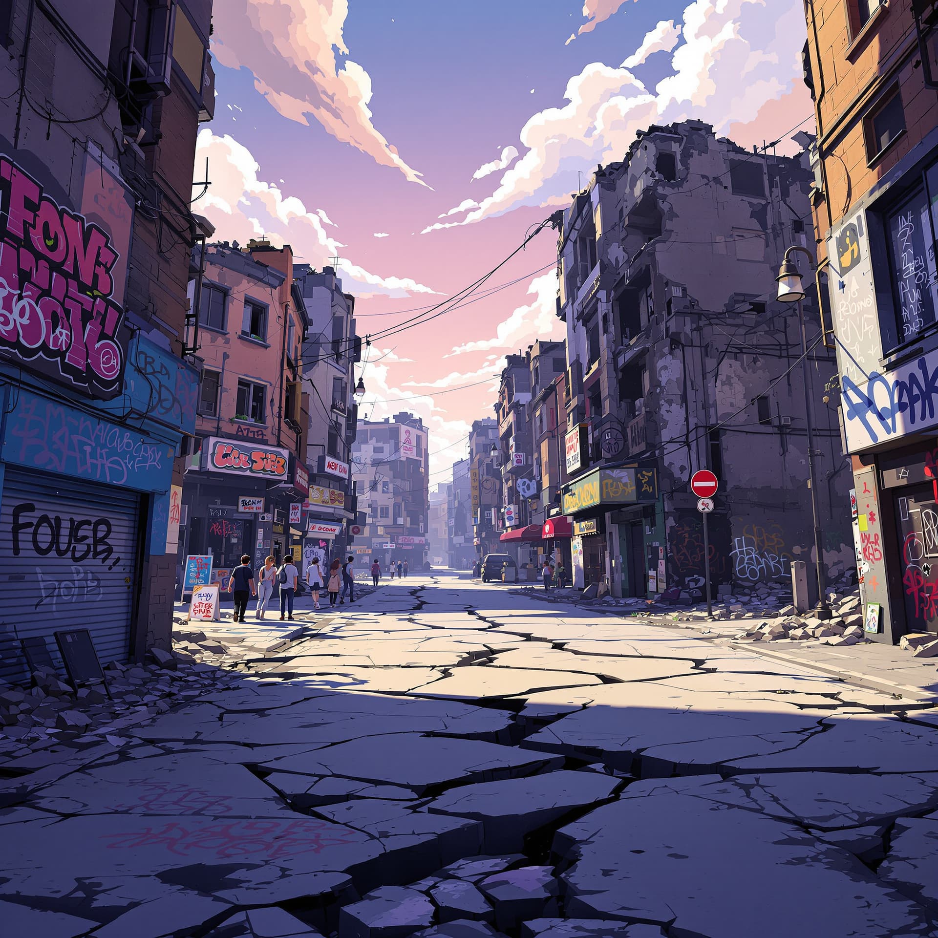 AI generated: very destroyed urban buildings with graffiti and cracks in the street, anime 3d illustration, cinema...