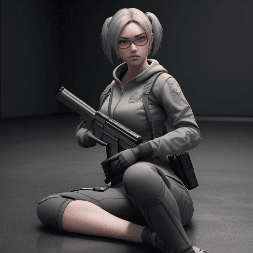 AI generated: The image shows a 3D animated female character with a expression, holding a gun with both hands, and...