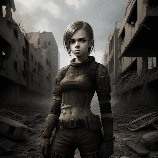 AI generated: portrait, game character, a 15 year old girl with an apocalyptic-style top, standing in the middle o...