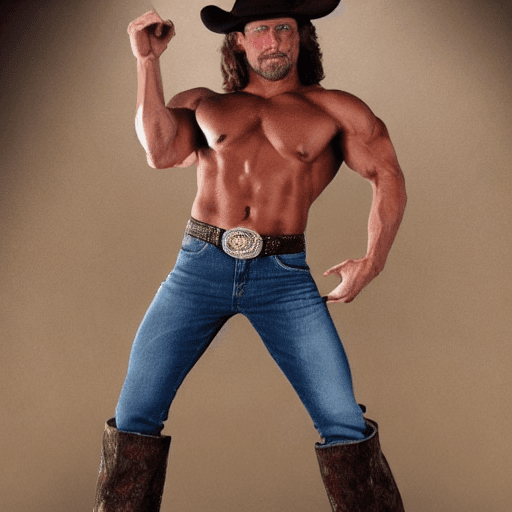 AI generated: Hyper realistic bodybuilder cowboy with brown curly shoulder length mullet wearing jeans with a big ...