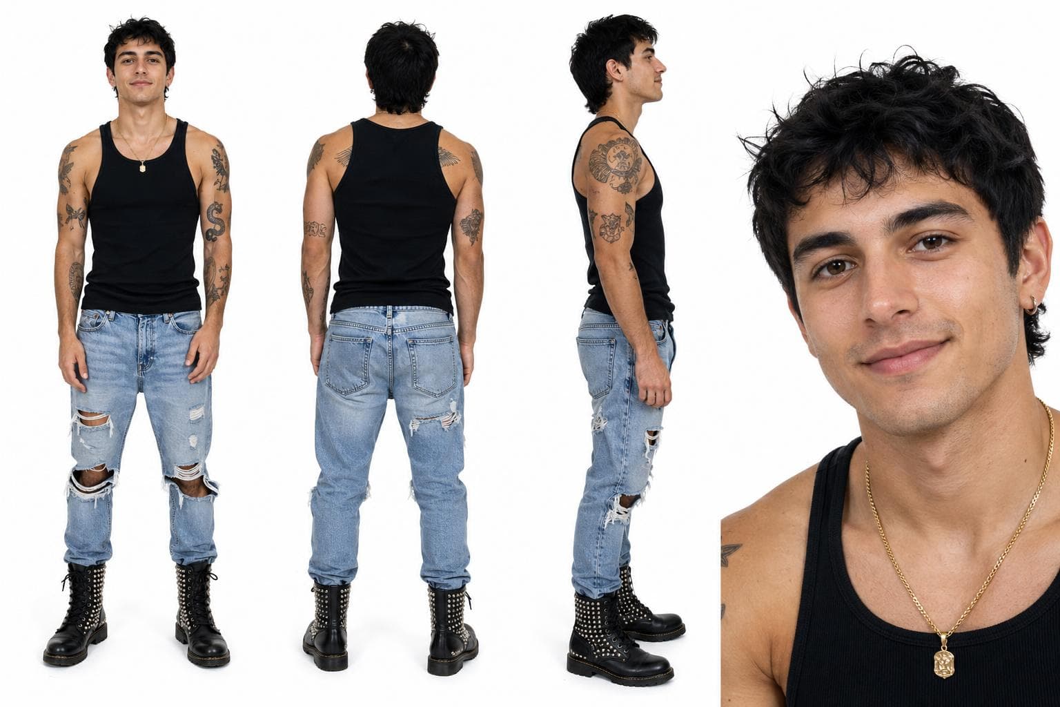 AI generated: Create me a guy in his mid-20s, wearing a tank top with a gold necklace, ripped jeans, and studded c...