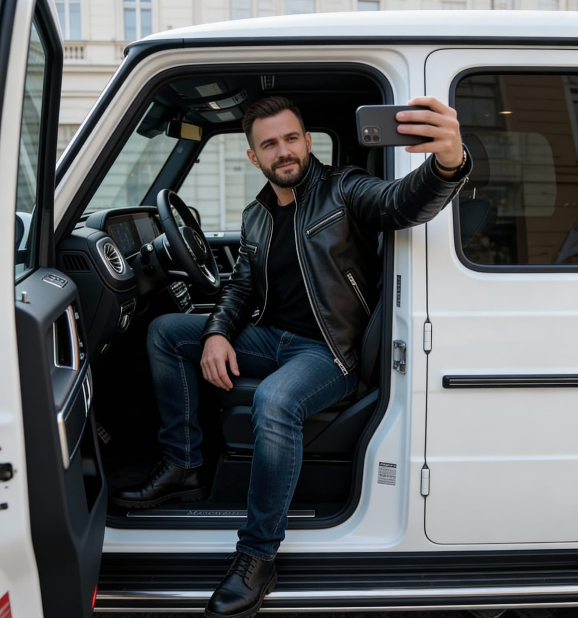 AI generated: just a selfie of a man inside a Mercedes. selfie display