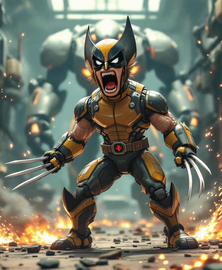 AI generated: Beautifully detailed vintage cartoon style illustration. Full body of Wolverine with sharp claws and...