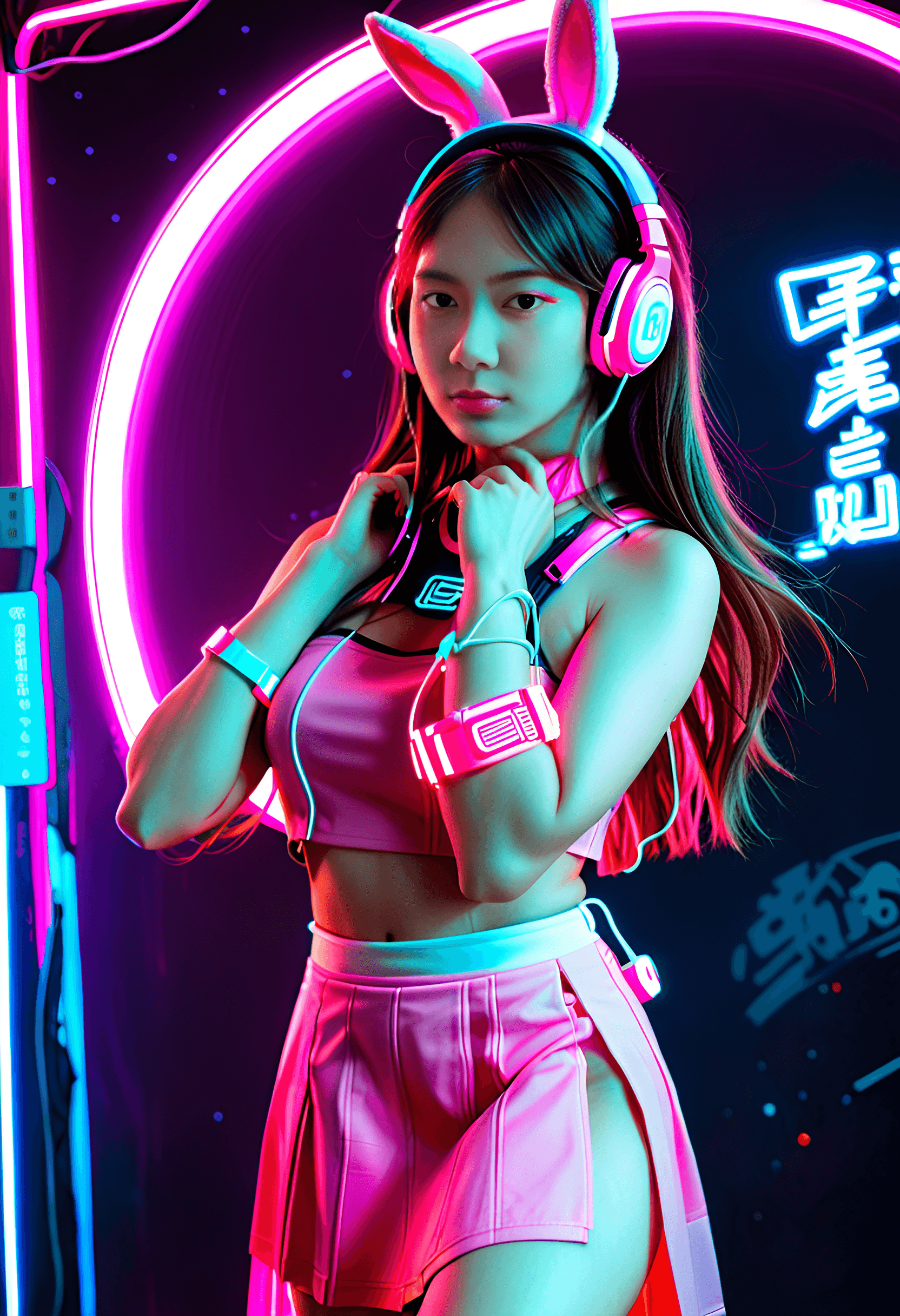 AI generated: The pink bunny girl in the cyber world is a cyberpunk (full body photo) , with beautiful long hair, ...