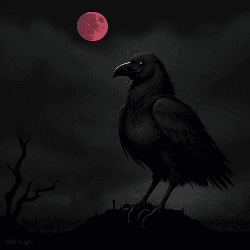 AI generated: swamp under a gloomy sky, with a crow perched on a decayed skull. The full moon behind the crow make...