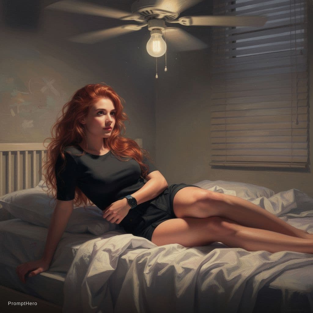 AI generated: A woman with long, tousled red hair cascading in loose waves over her shoulders lies sprawled across...