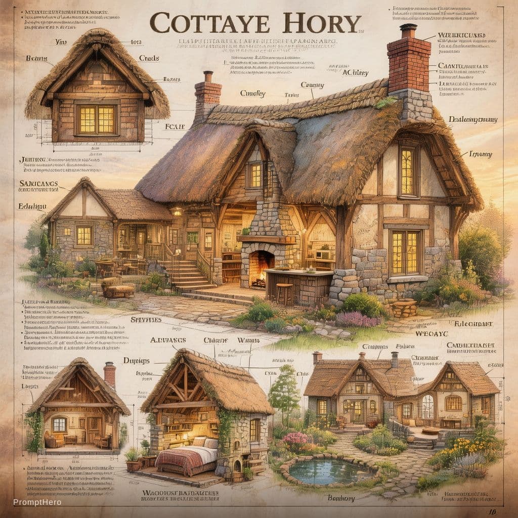 AI generated: A digital architectural blueprint of a cozy, rustic cottage house, with comprehensive labeled sectio...