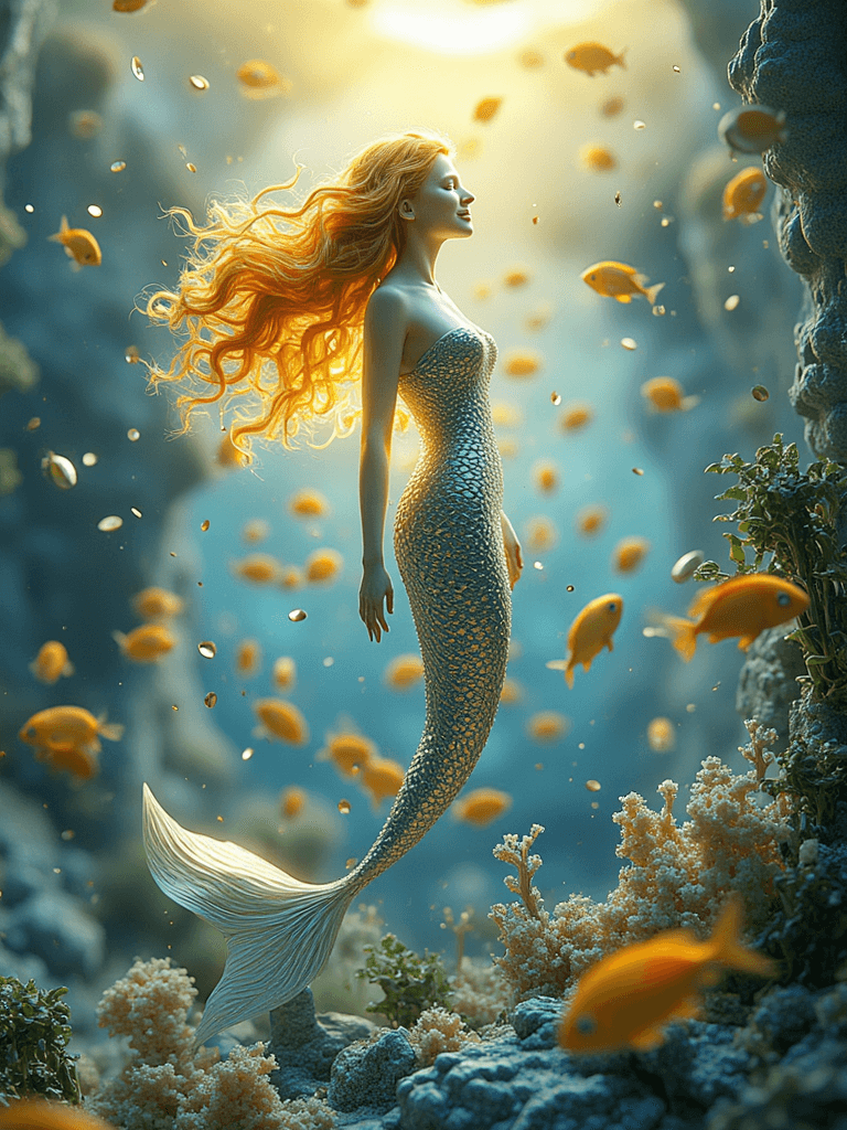 AI generated: A majestic mermaid rises from the depths, her radiant smile illuminating an underwater realm teeming...