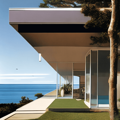 AI generated: Hyper realistic eye level exterior photo of a mid century modern style house overlooking the ocean, ...